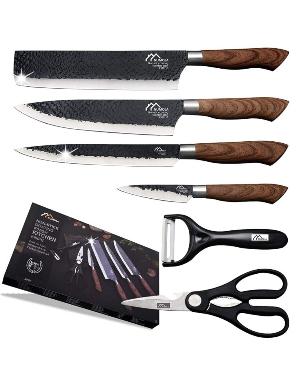 6-Piece Black Chef Knife Set - Professional Stainless Steel Cutlery for Kitchen